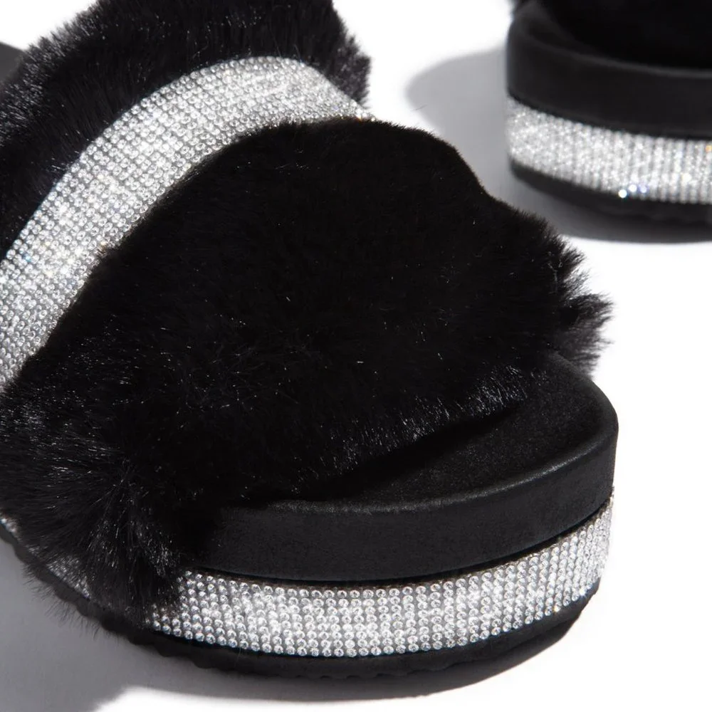 NEW Rhinestone Faux Fur Slide Sandal Flat Platform - Picture 4 of 5
